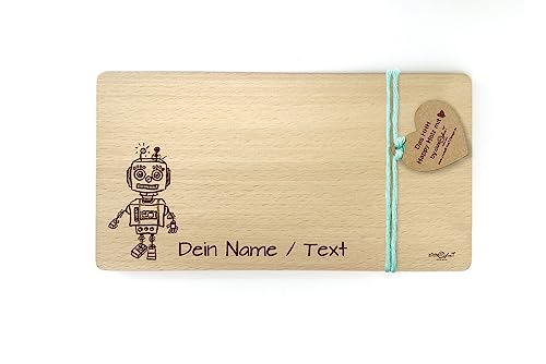 Holzbrettchen mit Gravur Roboter - Frühstücksbrett für Kinder personalisierbar - Vesperbrett Brotzeitbrett Jausenbrett - Geschenkidee - zAcheR-fineT von zAcheR-fineT-design