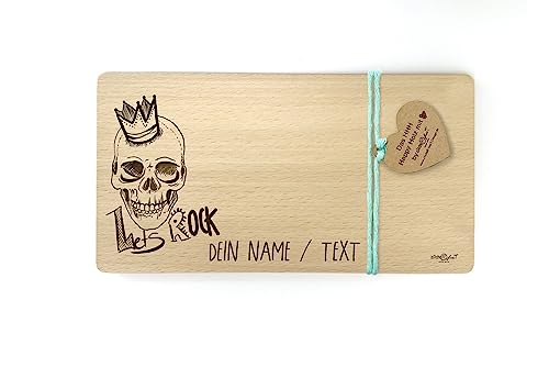 Holzbrettchen mit Totenkopf Skull with crown - Let's Rock - Frühstücksbrett mit Gravur personalisierbar - Brotzeitbrett - Geschenkidee - zAcheR-fineT von zAcheR-fineT-design