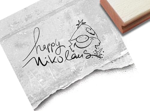 Stempel Happy Nikolaus - Textstempel mit Wichtel Gnom - Nikolaus Stempel Karten Geschenkanhänger Basteln Nikolausdeko Scrapbook - von zAcheR-fineT (groß ca. 68 x 35 mm) von zAcheR-fineT-design