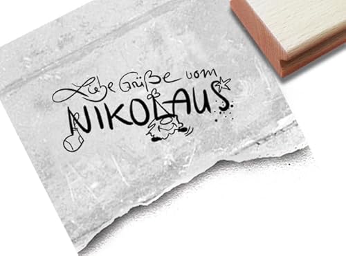 Stempel Liebe Grüße vom Nikolaus - Textstempel mit Wichtel Gnom - Nikolaus Stempel Geschenkanhänger Basteln Nikolausdeko Scrapbook - von zAcheR-fineT (klein ca. 46 x 19 mm) von zAcheR-fineT-design