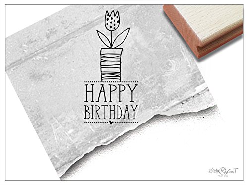Stempel - T 17 16 - Textstempel Schriftstempel HAPPY BIRTHDAY mit Blume für Glückwunschkarten, Geschenke, Servietten und mehr von zAcheR-fineT-design