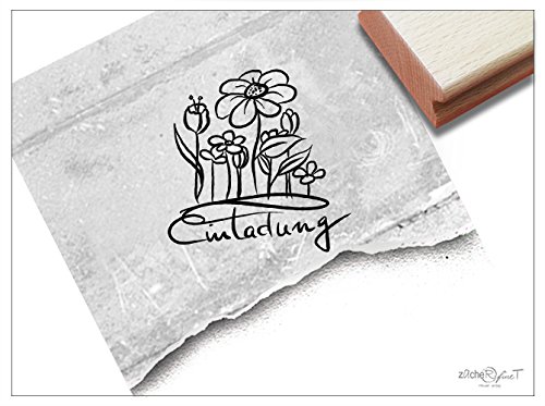 Stempel - Textstempel EINLADUNG handschriftlich mit Blumen - Holzstempel Schriftstempel für Einladungskarten - von zAcheR-fineT von zAcheR-fineT-design