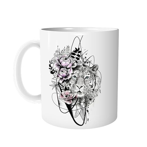 Tasse Kaffeetasse Tiger mit Blumen - personalisierbar - Keramiktasse mit Tier Tigertasse Bürotasse - Geschenkidee für Kollegen - von zAcheR-fineT von zAcheR-fineT-design
