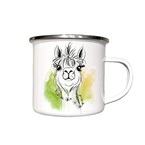 Emaille-Tasse ALPAKA - Campingbecher mit AQUARELL für Kinder u Erwachsene - Kaffeebecher Tierbild - Geschenk Idee -Tasse weiß Tiermotiv (Aquarell Grün-Gelb) von zAcheR-fineT-design