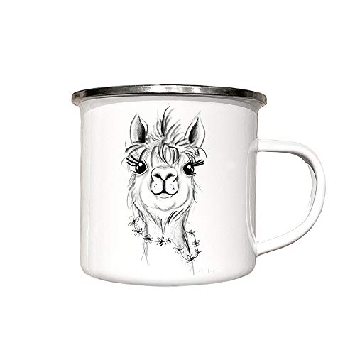 zAcheR-fineT-design Emaille Tasse ALPAKA - Campingbecher uni schwarz-weiß für Kinder u Erwachsene - Emailletasse Kaffeebecher - Geschenk Idee - Lustige Tasse weiß Tiermotiv (Hintergrund) von zAcheR-fineT-design