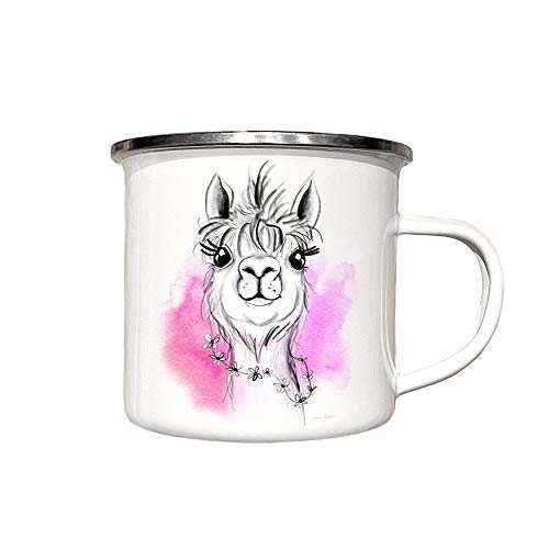 zAcheR-fineT-design Emaille Tasse ALPAKA in PINK - Campingbecher für Kinder u Erwachsene - Emailletasse- Geschenk Idee - Lustige Tasse weiß Tiermotiv (Aquarell Pink) von zAcheR-fineT-design