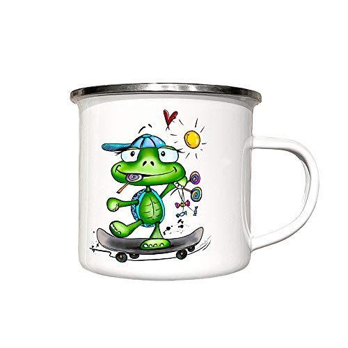 zAcheR-fineT-design Emaille Tasse Camping Becher Emailletasse für Kinder - weiß mit SCHILDKRÖTE SKATEBOARD FUN - Kaffeetasse Schildi Skater Geschenk für Jungs und Mädchen von zAcheR-fineT-design