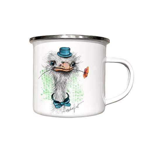 zAcheR-fineT-design Emaille Tasse Camping Becher Emailletasse für Kinder - weiß mit STRAUSS LENNY Prinz Straußenvogel - Kaffeetasse Geschenk Lustiger Vogel - für Mädchen Jungs - Mann und Frau von zAcheR-fineT-design