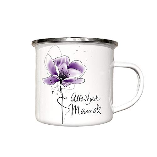 zAcheR-fineT-design Emaille Tasse MAMA - Camping Becher Emailletasse Spruch Liebe - ALLER BESTE MAMA - Kaffeetasse weiß mit Blumenmotiv - Geschenk zum Muttertag von zAcheR-fineT-design