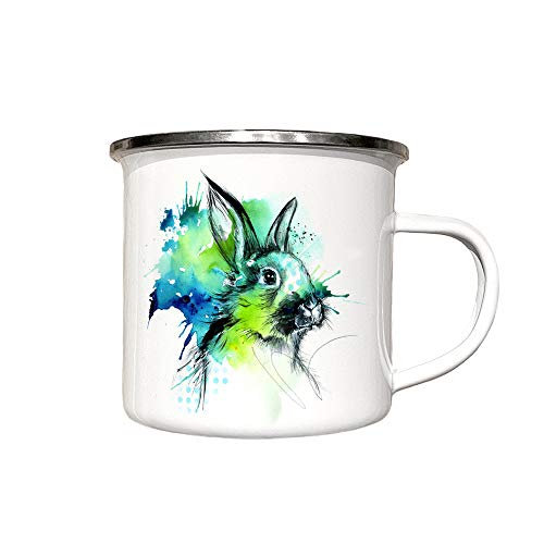 zAcheR-fineT-design Emailletasse Campingbecher HASE - Kaninchen für Kinder u Erwachsene - Emaille Tasse weiß mit Tiermotiv Natur Aquarell - Kaffeebecher - Ostergeschenk Geschenkidee Ostern - Tasse von zAcheR-fineT-design