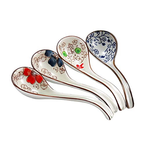 zabeto 4 StüCk Asiatische Retro Chinesische Keramik ReislöFfel Gebogener Ramen Suppen Bemalte Blumen mit Langem von zabeto