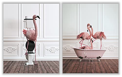 Lustige Badezimmer Flamingo Wandkunst,ungerahmt 2er Set (20.3x25.4 cm), Tier Flamingos Bilder Poster für lustiges Bad und WC Tropisch nimal modern ZAGLY Wanddekoration (Flamingo, 20.3x25.4 cm) von zagly wall decor