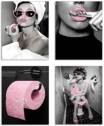 zaixko Badezimmer-Dekoration, modische Frauen-Leinwanddrucke, rosa Wanddekoration, schwarze und rosa Bilder für Badezimmer, glamouröse Wandkunst, Leinwandposter, rosa Badezimmer-Dekor von zaixko