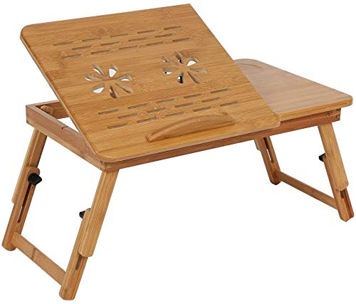 zaizai Laptop-Tisch mit Verstellbarer Schreibtischplatte, Schublade und Tassenschlitz, tragbare Bambus-Schreibtisch-Lesetablett-Bücher für das Schlafsofa von zaizai