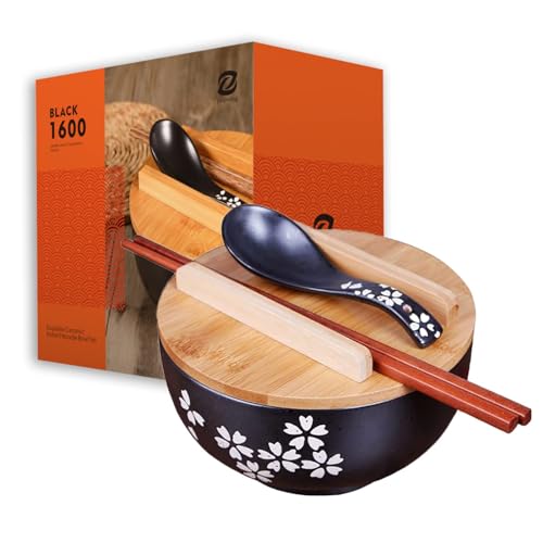 Japanisches Ramen Schüssel 1000ML Keramik Suppenschüssel Schwarzes Ramen Bowl Set,Inkl. Stäbchen, Deckel und Löffel (1 set) von zaqiming