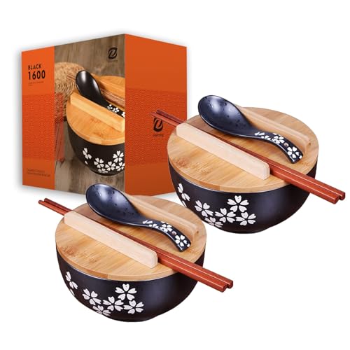 Japanisches Ramen Schüssel 1000ML Keramik Suppenschüssel Schwarzes Ramen Bowl Set,Inkl. Stäbchen, Deckel und Löffel (2 set) von zaqiming