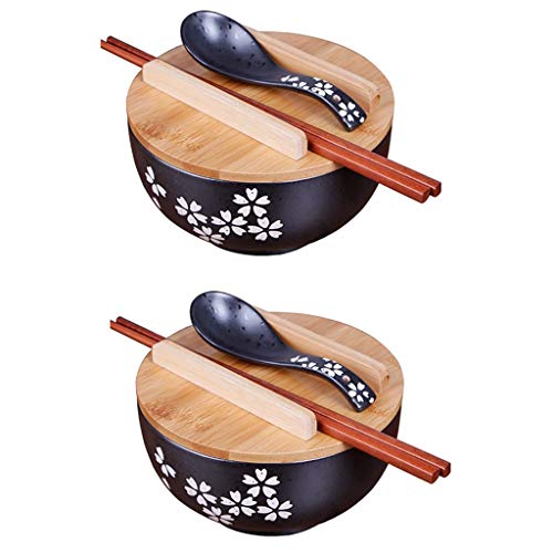 zaqiming 2PCS Japanische Küche Geschirr koreanische Vintage Schüssel japanischen Stil schwarz Keramik Instant Nudel Schüssel Stäbchen mit Deckel und Löffel Küche liefert von zaqiming