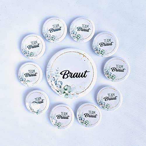 JGA-Button-Set Goldkranz Eukalyptus I 1x"Braut" (Ø50 mm)+ 10x"Team Braut" (Ø25mm) I grün + weiß I Hochzeit JGA Party Anstecker von zartbesaitet.com Schöne Produkte aus Papier