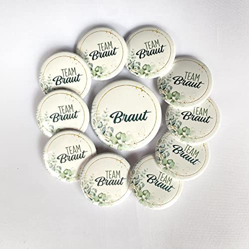 JGA-Button-Set Goldkranz Eukalyptus I 1x"Braut" (Ø50 mm)+ 10x"Team Braut" (Ø37mm) I grün + weiß I Hochzeit JGA Party Anstecker von zartbesaitet.com Schöne Produkte aus Papier