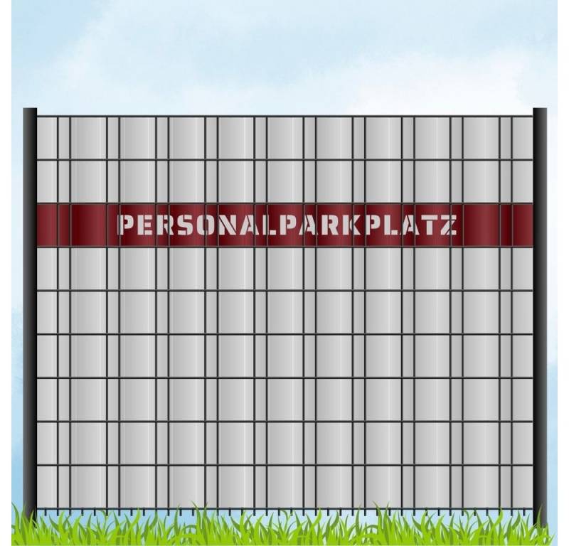 zaunzu Sichtschutzstreifen Laser Beschriftung "PERSONALPARKPLATZ" Bordeauxrot, (1x Einzelstreifen, für Doppelstabmattenzaun), Made in Germany von zaunzu