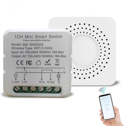 Smart Relais Schalter 1 Weg zauzau 16A Wifi Lichtschalter mit Elektrizitätsstatistiken,WLAN Schaltrelais Modul Kompatibel mit Apple Homekit, Alexa & Google Home (X-WF-200A-W1-DE) von zauzau