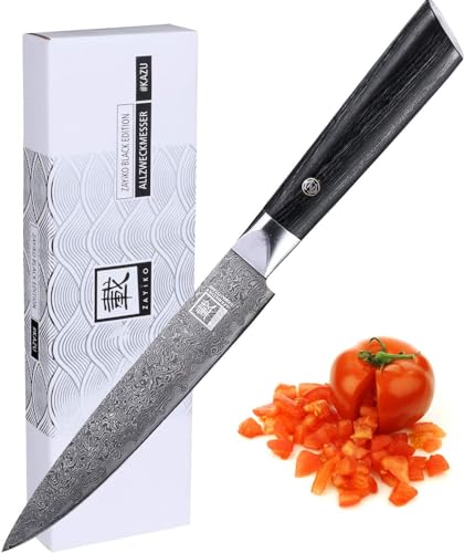 zayiko Black Edition Damastmesser Allzweckmesser | 13 cm Premium-Klinge aus 67 Lagen dunklem Damaststahl | Ergonomischer Pakkaholzgriff | Vielseitiges Profi Küchenmesser von zayiko