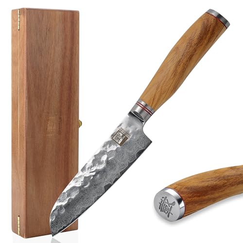 zayiko Minami Premium kleines Santoku Messer mit 12 cm Klinge gefertigt aus 67 Lagen echtem Damaststahl mit Hammerschlag und Olivenholzgriff I Holzbox I Damastmesser Küchenmesser und Profi Kochmesser von zayiko