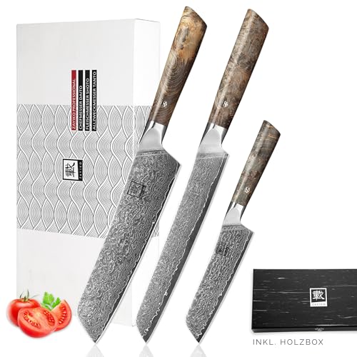 zayiko Professional Series – Premium 3er Damastmesser-Set mit 12-20 cm Klingen, 67 Lagen Damaststahl, Rasiermesserscharf, Ergonomische Ahornholzgriffe, In Edler Holzbox von zayiko