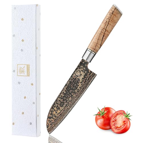 zayiko BlackMagma Damastmesser Santoku I 16,5 cm Klinge aus Damaststahl mit Kupfer & Bronze sowie Ahornholzgriff I Edles Damast Küchenmesser in Geschenkbox von zayiko