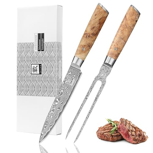 zayiko Kinone Premium 2er Tranchier-Set mit 17-18 cm Klingen gefertigt aus 67 Lagen echtem Damaststahl mit Wurzelholzgriffe Birke I Damastmesser Küchenmesser und Profi Kochmesser von zayiko