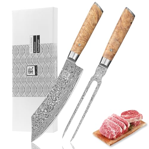 zayiko Kinone Premium 2er Tranchier-Set mit 18-20 cm Klingen gefertigt aus 67 Lagen echtem Damaststahl mit Wurzelholzgriffe Birke I Damastmesser Küchenmesser und Profi Kochmesser zayiko Kinone Premium 2er Tranchier-Set mit 18-20 cm Klingen gefertigt aus 67 Lagen echtem Damaststahl mit Wurzelholzgriffe Birke I Damastmesser Küchenmesser und Profi Kochmesser von zayiko