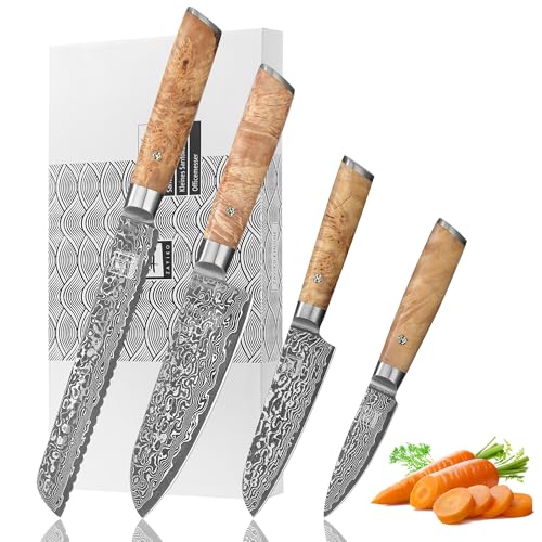zayiko Kinone Premium 4er Damastmesser-Set mit 8-20 cm Klinge gefertigt aus 67 Lagen echtem Damaststahl mit Wurzelholzgriff Birke I Damastmesser Küchenmesser und Profi Kochmesser von zayiko