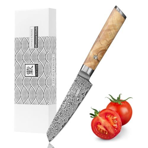 zayiko Kinone Premium Officemesser Mukimono mit 10 cm Klinge gefertigt aus 67 Lagen echtem Damaststahl mit Wurzelholzgriff Birke I Damastmesser Küchenmesser und Profi Kochmesser zayiko Kinone Premium Officemesser Mukimono mit 10 cm Klinge gefertigt aus 67 Lagen echtem Damaststahl mit Wurzelholzgriff Birke I Damastmesser Küchenmesser und Profi Kochmesser von zayiko