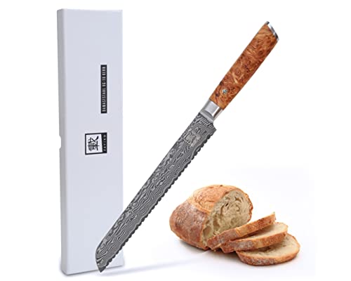 zayiko Kinone Premium langes Brotmesser mit 23 cm Klinge gefertigt aus 67 Lagen echtem Damaststahl mit Wurzelholzgriff Birke I Damastmesser Küchenmesser und Profi Kochmesser von zayiko