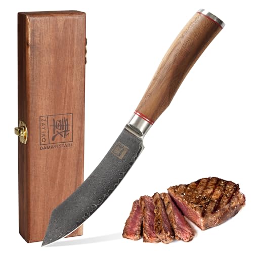 zayiko Kurumi Damastmesser Exklusives Steakmesser I 12,50 cm Klinge aus 67 Lagen I Damast Küchenmesser aus echtem Damaststahl mit Griff aus Nussbaum & Holzbox von zayiko