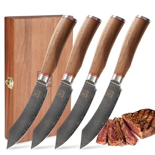 zayiko Kurumi Exklusives 4er Steakmesser-Set I 12,50 cm Klinge aus 67 Lagen I Damast Küchenmesser aus echtem Damaststahl mit Griff aus Nussbaum & Holzbox von zayiko