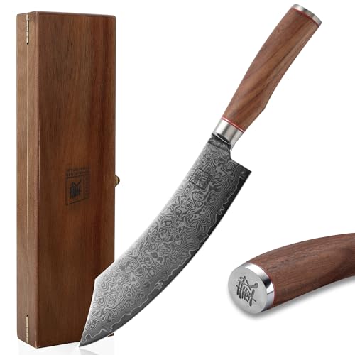 zayiko Kurumi Premium Blockmesser mit 20 cm Klinge gefertigt aus 67 Lagen echtem Damaststahl mit Nussbaumgriff I Holzbox I Damastmesser Küchenmesser und Profi Kochmesser von zayiko