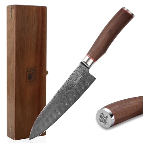 zayiko Kurumi Premium Santokumesser mit 17,5 cm Klinge gefertigt aus 67 Lagen echtem Damaststahl mit Nussbaumgriff I Holzbox I Damastmesser Küchenmesser und Profi Kochmesser von zayiko