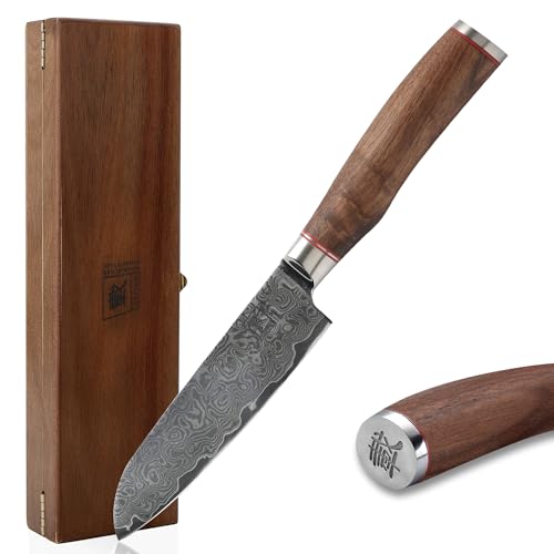 zayiko Kurumi Premium kleines Santokumesser mit 12 cm Klinge gefertigt aus 67 Lagen echtem Damaststahl mit Nussbaumgriff I Holzbox I Damastmesser Küchenmesser und Profi Kochmesser von zayiko