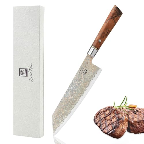 zayiko Limited Edition Kupfer Damast Chefmesser Kiritsuke I 20 cm Klinge gefertigt aus 37 Lagen Damaststahl mit edler Kupfertextur und Ahornholzgriff I Edles Damastmesser und Profi Küchenmesser von zayiko