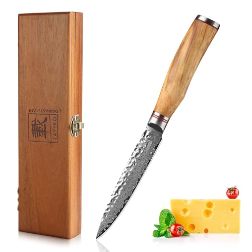 zayiko Minami Premium Allzweckmesser mit 12,5 cm Klinge gefertigt aus 67 Lagen echtem Damaststahl mit Hammerschlag und Olivenholzgriff I Holzbox I Damastmesser Küchenmesser und Profi Kochmesser von zayiko