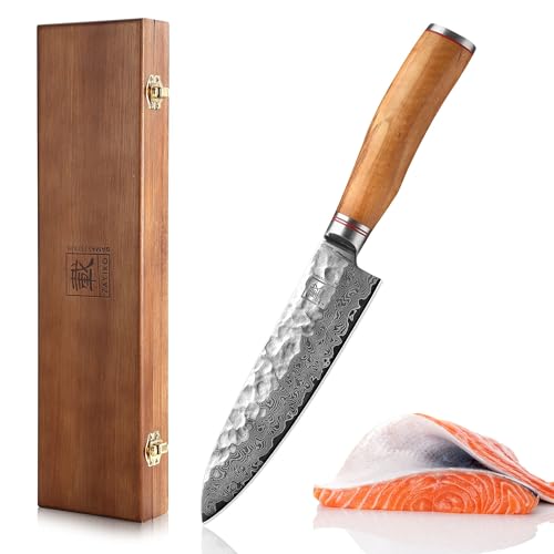 zayiko Minami Premium Santokumesser mit 17,5 cm Klinge gefertigt aus 67 Lagen echtem Damaststahl mit Hammerschlag und Olivenholzgriff I Holzbox I Damastmesser Küchenmesser und Profi Kochmesser zayiko Minami Premium Santokumesser mit 17,5 cm Klinge gefertigt aus 67 Lagen echtem Damaststahl mit Hammerschlag und Olivenholzgriff I Holzbox I Damastmesser Küchenmesser und Profi Kochmesser von zayiko