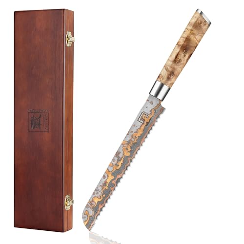 zayiko MysticMagma 20cm Brotmesser Wellenschliff aus 67 Lagen Damaststahl und VG10 Kern I Brotschneidemesser mit Kupfer- und Bronzeeinlagen Ahornwurzelholzgriff I Küchenmesser in Geschenkbox I Messer zayiko MysticMagma 20cm Brotmesser Wellenschliff aus 67 Lagen Damaststahl und VG10 Kern I Brotschneidemesser mit Kupfer- und Bronzeeinlagen Ahornwurzelholzgriff I Küchenmesser in Geschenkbox I Messer von zayiko