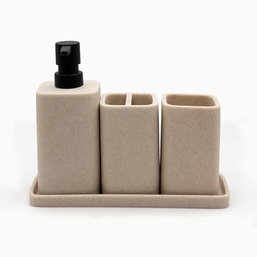 ZCCZ Badezimmer Set 4 Teile – Badezimmer Organizer mit Zahnbürstenhalter, Zahnputzbecher, Seifenspender, Seifenschale, für Kosmetik und Wattestäbchen – Edle Badezimmer Deko, beige von zccz