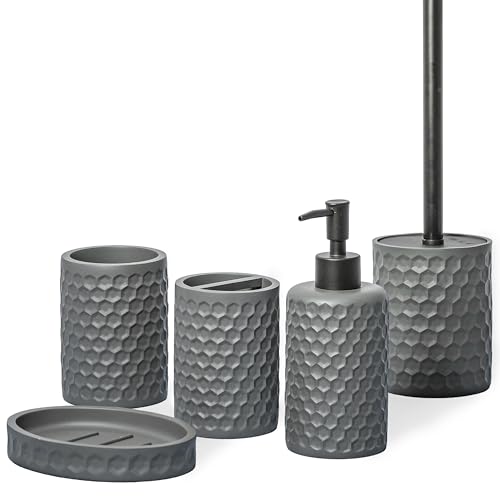 ZCCZ Badezimmer Set 5 Teile – Badezimmer Organizer mit Toilettenbürste, Zahnbürstenhalter, Seifenspender, Seifenschale – Edle Badezimmer Deko, geometrisches Hexagon-Muster, kühles Grau von zccz