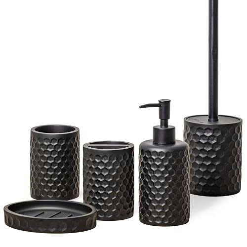 ZCCZ Badezimmer Set – 5 Teile – Badezimmer Organizer mit Toilettenbürste, Zahnbürstenhalter, Seifenspender, Seifenschale – Edle Badezimmer Deko, geometrisches Hexagon-Muster, schwarz von zccz