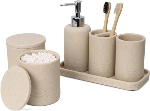 ZCCZ Badezimmer Set – 6 Teile – Badezimmer Organizer mit Zahnbürstenhalter, Seifenspender, Seifenschale, für Kosmetik u. Wattestäbchen – Edle Badezimmer Deko in Marmor-Optik, Sandfarben von zccz