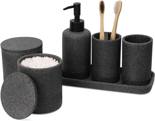 ZCCZ Badezimmer Set – 6 Teile – Badezimmer Organizer mit Zahnbürstenhalter, Seifenspender, Seifenschale, für Kosmetik u. Wattestäbchen – Edle Badezimmer Deko in Marmor-Optik, schwarz von zccz