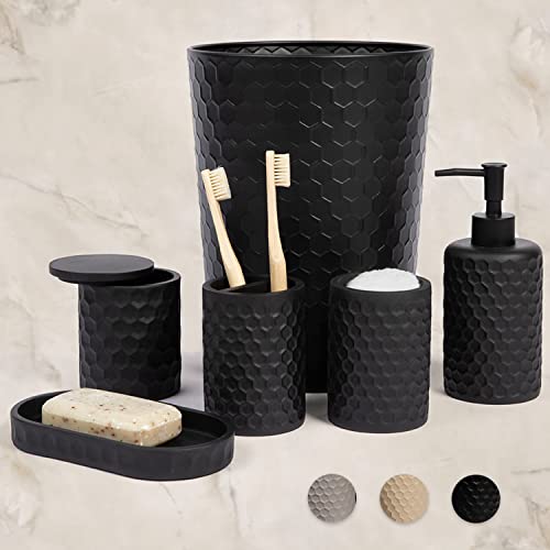 zccz 6-teiliges Badezimmer-Accessoires-Set, Zahnbürstenhalter, Zahnputzbecher, Seifenspender, Badezimmerablage, Wattestäbchenhalter, Mülleimer - Schwarz von zccz