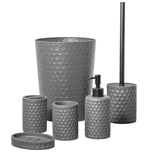 ZCCZ Badezimmer Set – 6 Teile – Badezimmer Organizer mit Toilettenbürste, Mülleimer, Zahnbürstenhalter, Seifenspender, Seifenschale, Becher – Edle Badezimmer Deko, graues Hexagon-Muster von zccz